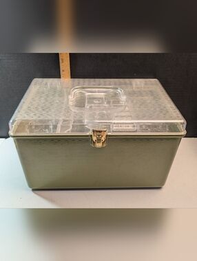 Vintage Olive Green Sewing Box with Clear Lid & 2 trays Wilson Mfg Co